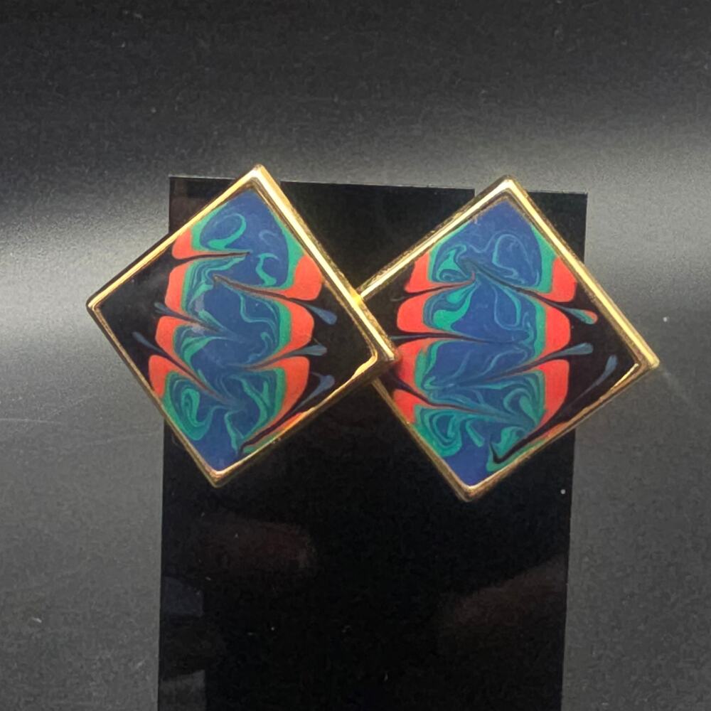 Purple Teal Marbled Enamel Square Earrings Vintage 1980s Jewelry